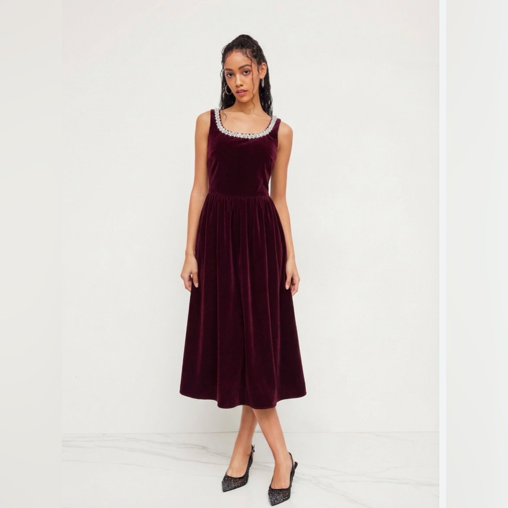 NWT Cider Dark Red Velvet Rhinestone Party Dress XS